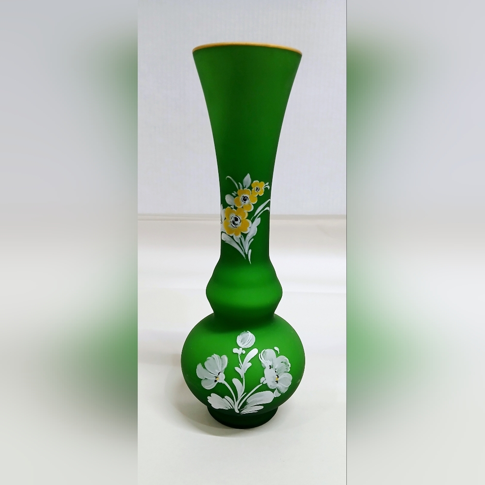Vintage Handpainted Green Glass Floral Vase